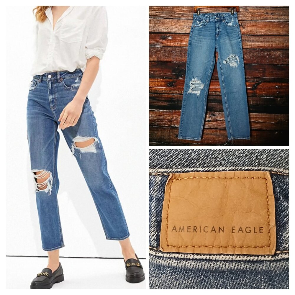 American Eagle Jeans 2 Mom Straight High Rise Distressed Blue Denim Stretch